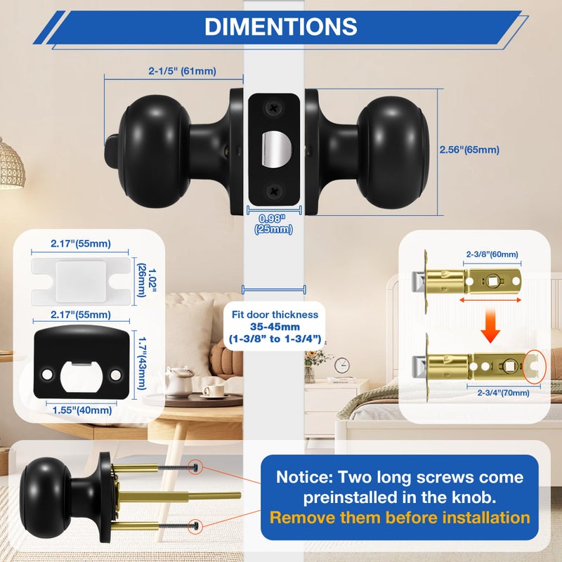 Plustool 8 Pack Matte Black Door Knobs, Privacy Door Knob with Lock, Interior Doorknobs with Round Ball, Keyless Door Lockset for Bedrooms Bathrooms - Image 4