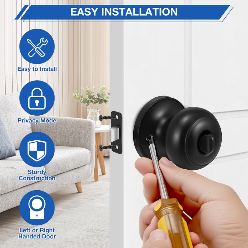 Plustool 8 Pack Matte Black Door Knobs, Privacy Door Knob with Lock, Interior Doorknobs with Round Ball, Keyless Door Lockset for Bedrooms Bathrooms - Image 5