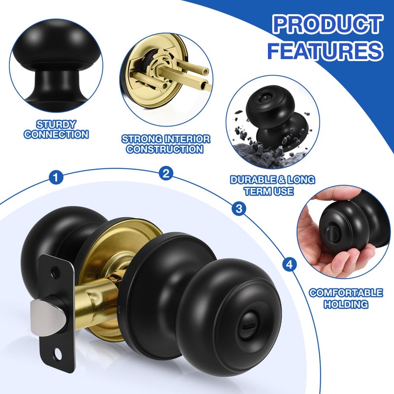 Plustool 8 Pack Matte Black Door Knobs, Privacy Door Knob with Lock, Interior Doorknobs with Round Ball, Keyless Door Lockset for Bedrooms Bathrooms - Image 2
