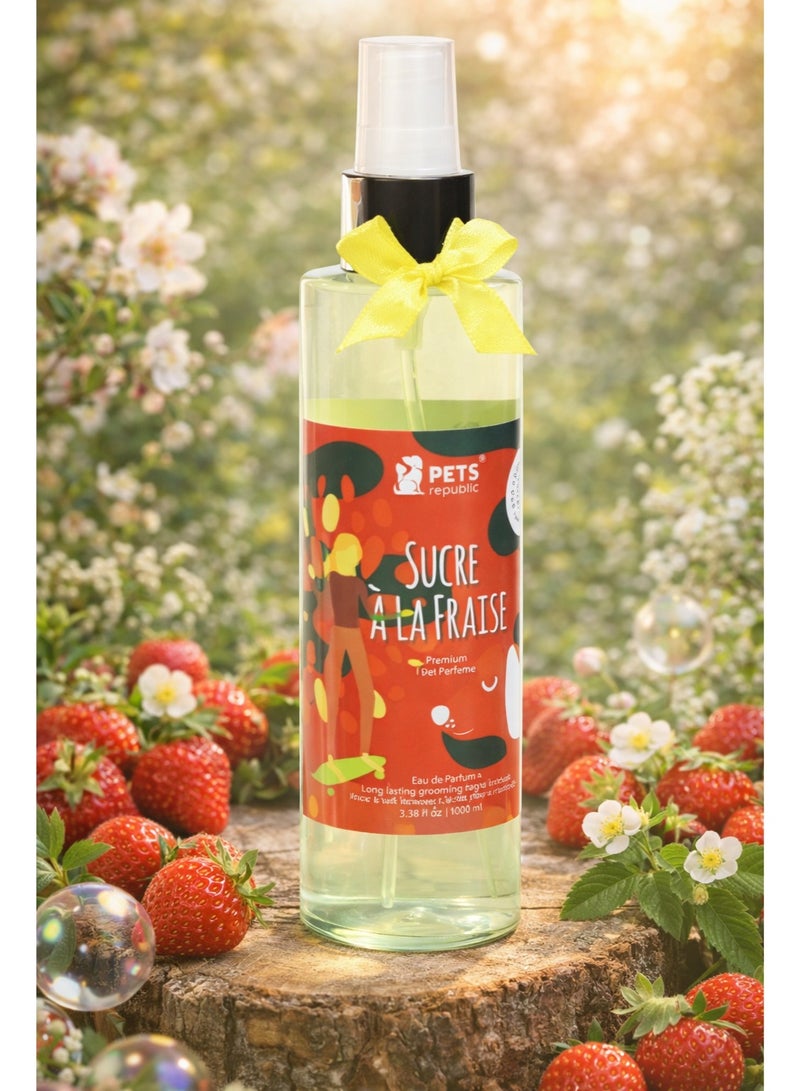 عطر للحيوانات الأليفة برائحة الفراولة الحلوة (Sucre à la Fraise) – بخاخ منعش يدوم طويلاً للقطط والكلاب – خالي من الكحول (125 مل)