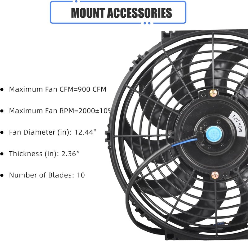 GESEXI 12" Electric Radiator Cooling Fan Assembly Kit, Universal High Performance 12V 80W Motor with Fan Mounting Kit - Black (2 Pack) - Image 2