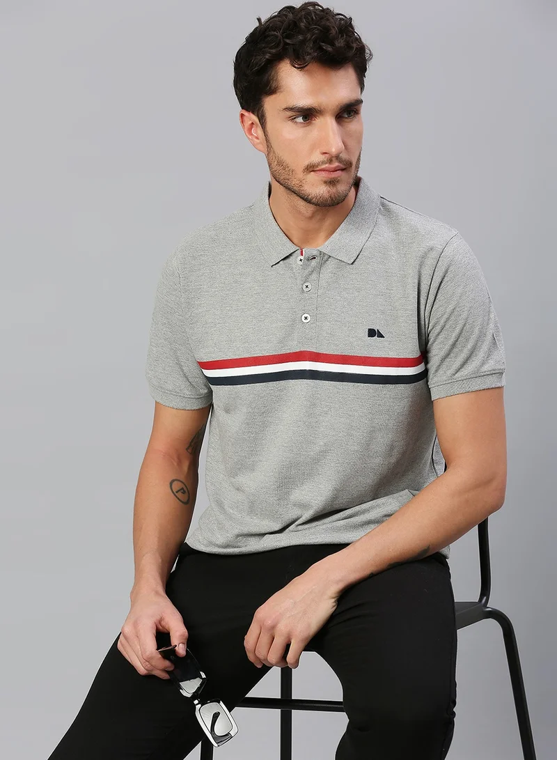 دينيس لينغو Men's Grey 100% Cotton Striped Regular Fit T-Shirt