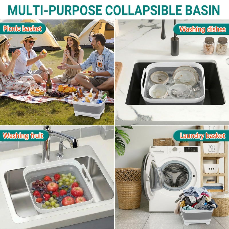 Yecuip Collapsible Wash Basin for Baby Bottles with Drying Rack â€“ 2.4 Gallon Foldable Dish Tub with Handles, Portable RV Camping Sink & Space-Saving Wash Bin with Lid for Kitchen, Travel & Outdoor - Image 4