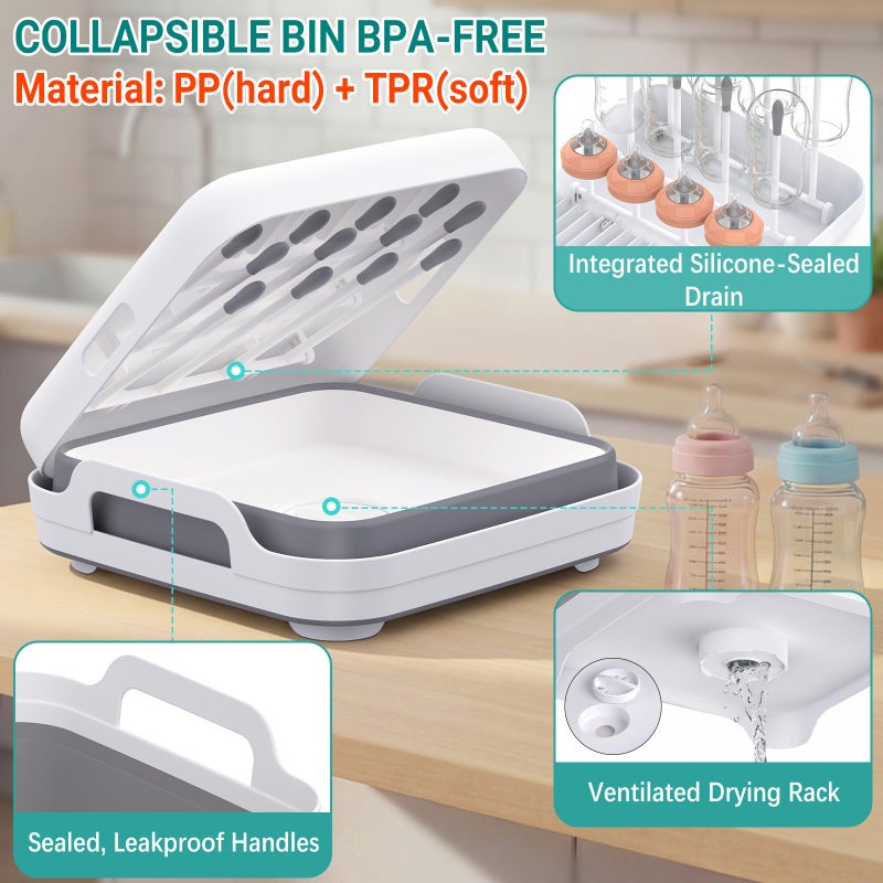 Yecuip Collapsible Wash Basin for Baby Bottles with Drying Rack â€“ 2.4 Gallon Foldable Dish Tub with Handles, Portable RV Camping Sink & Space-Saving Wash Bin with Lid for Kitchen, Travel & Outdoor - Image 3