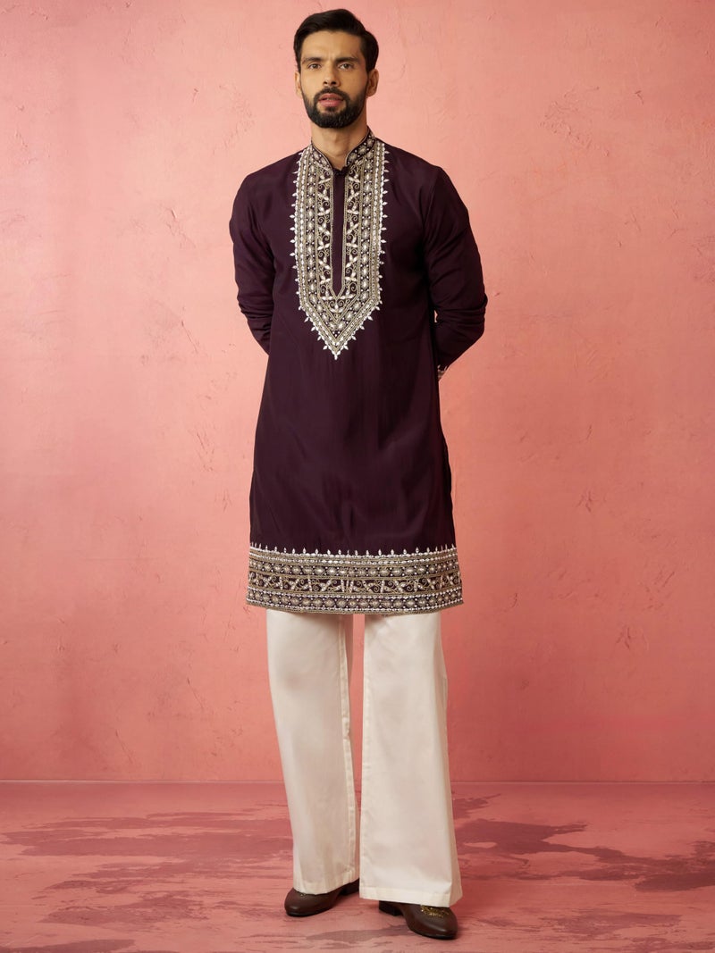 VASTRAMAY Men's Purple Chanderi Kurta Set with Cream Pant - Royal Wedding Collection - Image 4