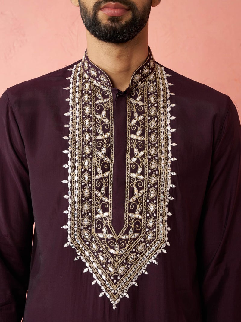 VASTRAMAY Men's Purple Chanderi Kurta Set with Cream Pant - Royal Wedding Collection - Image 3
