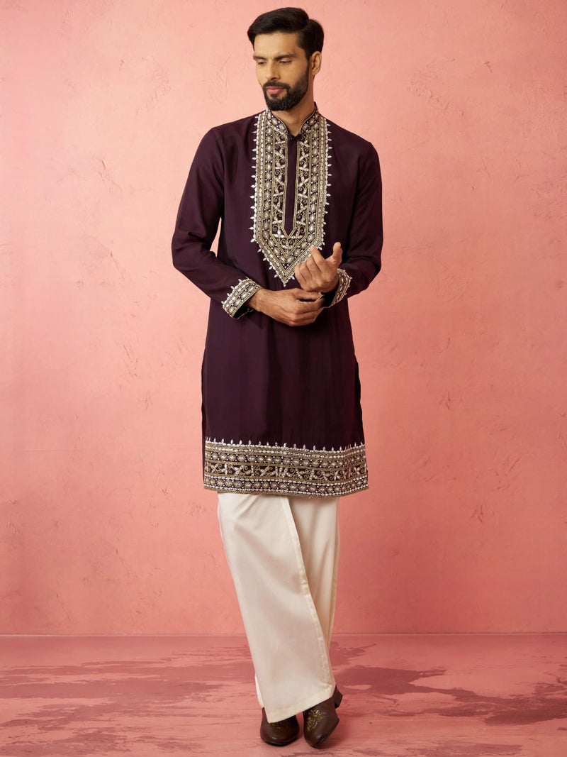 VASTRAMAY Men's Purple Chanderi Kurta Set with Cream Pant - Royal Wedding Collection - Image 2