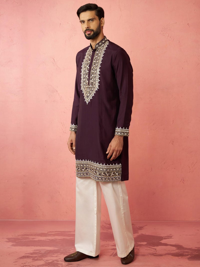 VASTRAMAY Men's Purple Chanderi Kurta Set with Cream Pant - Royal Wedding Collection - Image 5