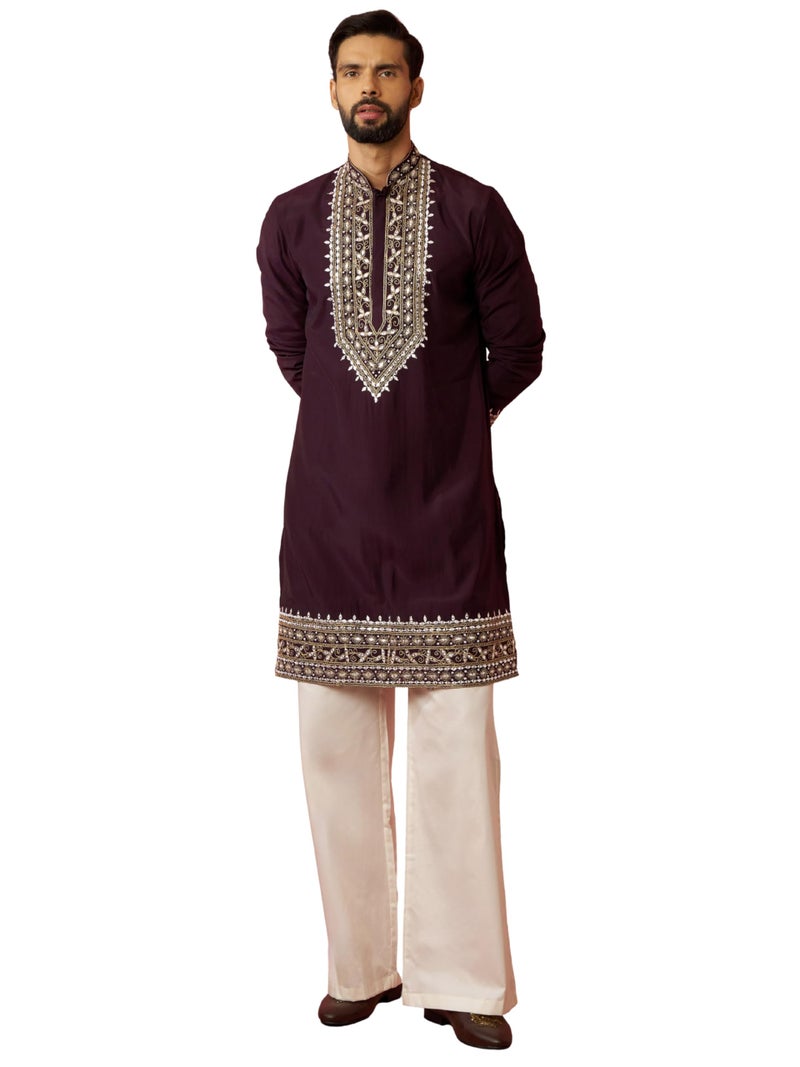 VASTRAMAY Men's Purple Chanderi Kurta Set with Cream Pant - Royal Wedding Collection - Image 1
