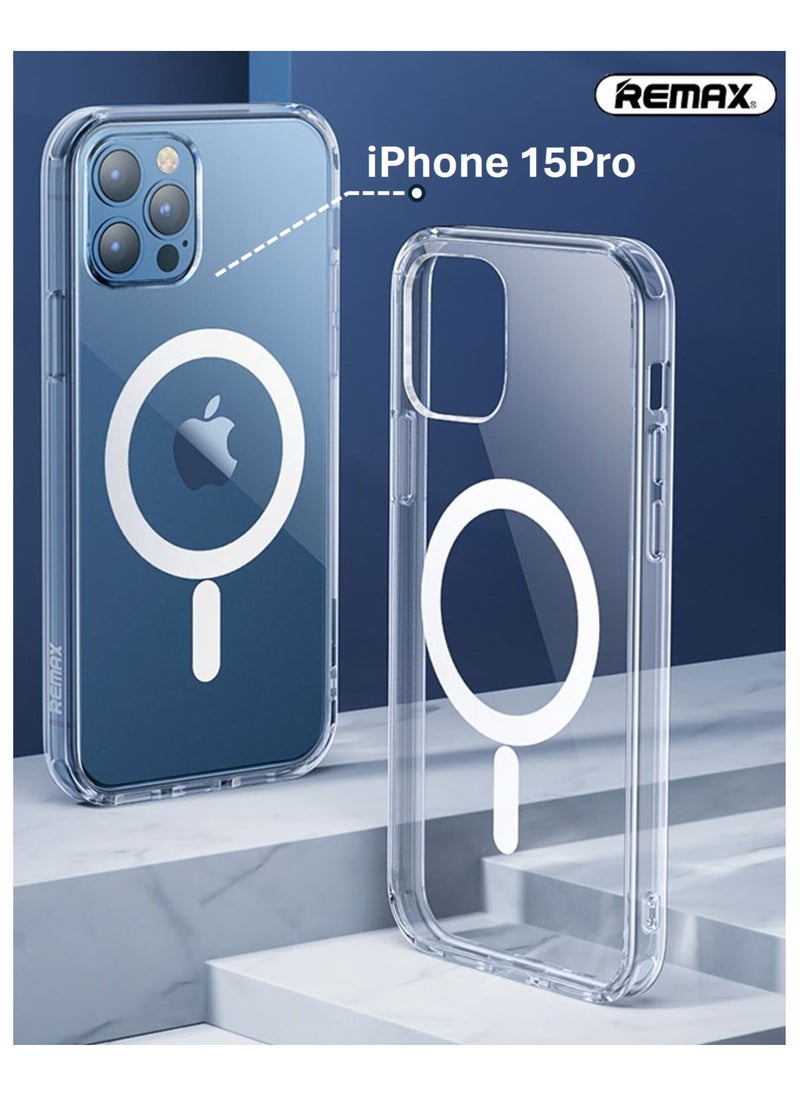 REMAX - MagSafe Magnetic case for iPhone 15pro charging, Click and Charge, Transparent and Clear, Non-yellowing, Shockproof, Eco-friendly materials, Scratch-resistant, Thin - Image 1