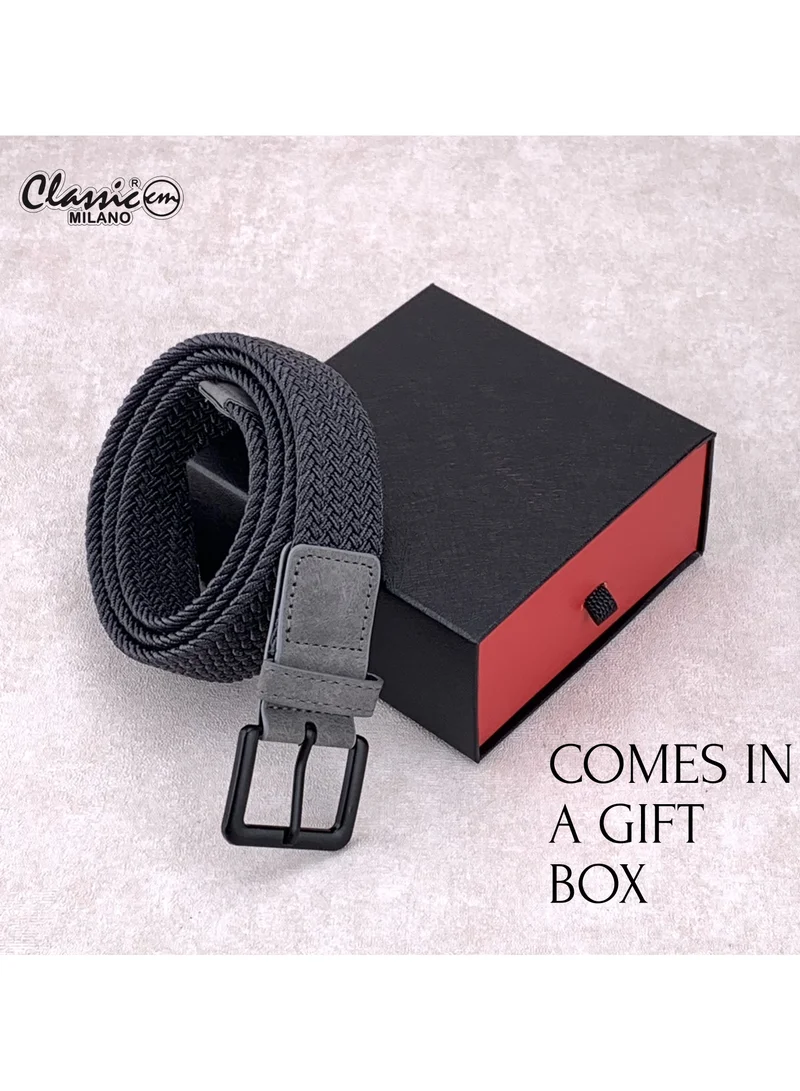 Classic Milano Grey (DWE-312) Classic Milano Braided Cotton Elastic Stretch Belt for Men & Women, Woven Canvas Web Belt with Gift Box, Adjustable Men's Belt | Full Length: 110CM (Free Size - Fits up to the waist of 40 Inches / 100 CM)  | Best Price UAE