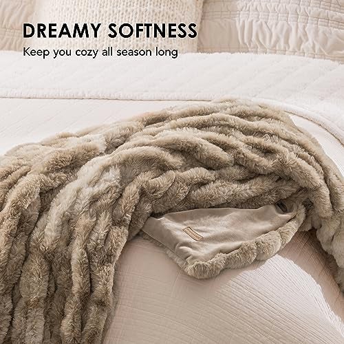 EVERGRACE Luxurious Soft Faux Rabbit Fur Throw Blanket, Cozy Fuzzy Plush Warm Throws for Couch Bed Sofa Chair Home Decor, Ruched Bubble Fluffy Blanket with Reversible Velvet, 50" x 60", Beige - Image 5