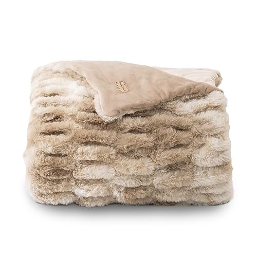 EVERGRACE Luxurious Soft Faux Rabbit Fur Throw Blanket, Cozy Fuzzy Plush Warm Throws for Couch Bed Sofa Chair Home Decor, Ruched Bubble Fluffy Blanket with Reversible Velvet, 50" x 60", Beige - Image 1