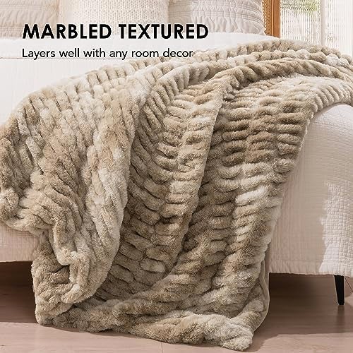 EVERGRACE Luxurious Soft Faux Rabbit Fur Throw Blanket, Cozy Fuzzy Plush Warm Throws for Couch Bed Sofa Chair Home Decor, Ruched Bubble Fluffy Blanket with Reversible Velvet, 50" x 60", Beige - Image 3