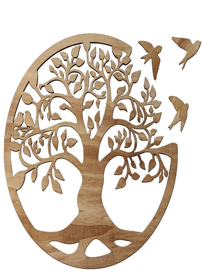 Focal20 Tree of Life Wall Art Wooden Tree Life Wall Decor with Three Birds 12 Inch Round Family Tree Life Wall Hanging Plaque for Bedroom Living Room Kitchen Office Farmhouse Decor Indoor Outdoor (Round Tree of Life - Wood Color) - Image 1