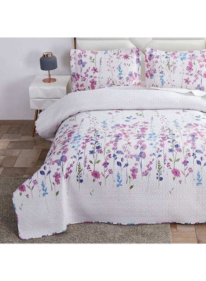 Green Essen Summer Lightweight Thin Floral Quilts King Size,Purple Blue Lilac Flowers Leaves Botanical Bedspread Coverlet Set,Breathable Bed Cover with King Pillow Shams,Random Patterns - Image 1