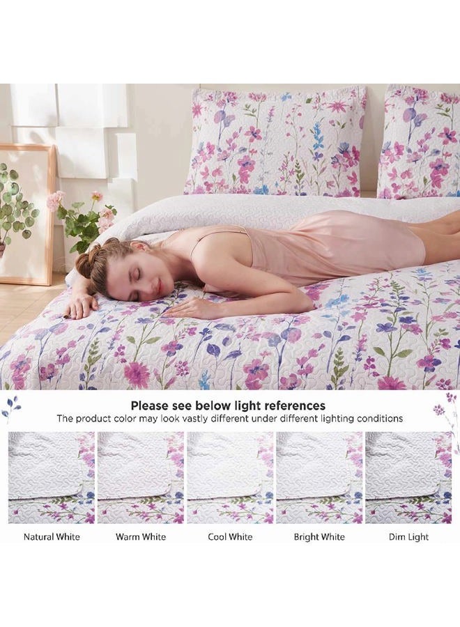 Green Essen Summer Lightweight Thin Floral Quilts King Size,Purple Blue Lilac Flowers Leaves Botanical Bedspread Coverlet Set,Breathable Bed Cover with King Pillow Shams,Random Patterns - Image 4