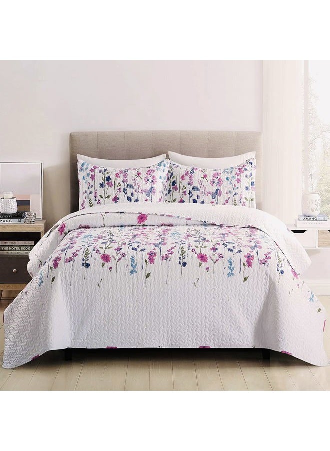 Green Essen Summer Lightweight Thin Floral Quilts King Size,Purple Blue Lilac Flowers Leaves Botanical Bedspread Coverlet Set,Breathable Bed Cover with King Pillow Shams,Random Patterns - Image 2