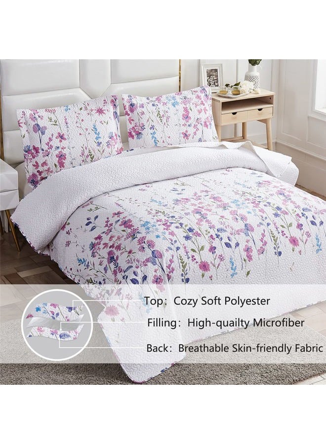 Green Essen Summer Lightweight Thin Floral Quilts King Size,Purple Blue Lilac Flowers Leaves Botanical Bedspread Coverlet Set,Breathable Bed Cover with King Pillow Shams,Random Patterns - Image 3