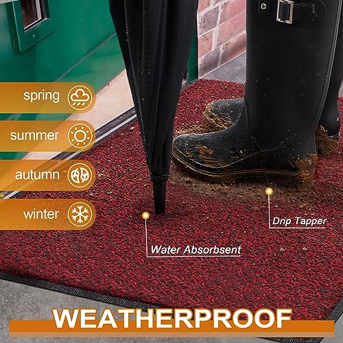 Mibao Front Door Mat, Dirt Trapper Welcome Mat for Outdoor Indoor, Non-Slip Waterproof Doormat, Durable Machine Washable Low Profile Entry Rug for Back Door Outside Patio Porch, 32" x 20", Red - Image 3