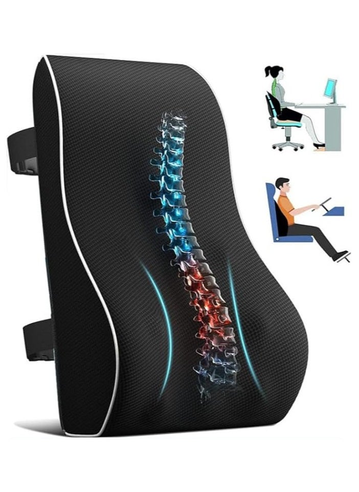 Lumbar Support Pillow for Office Chair, Back Support Pillow for Car, Computer Gaming Chair, Recliner Memory Foam Back Cushion for Pain Relief Improve, Ergonomic Design Orthopedic Backrest for Lower Back Pain Relief Posture, Mesh Cover Double Adjustable Straps, Black