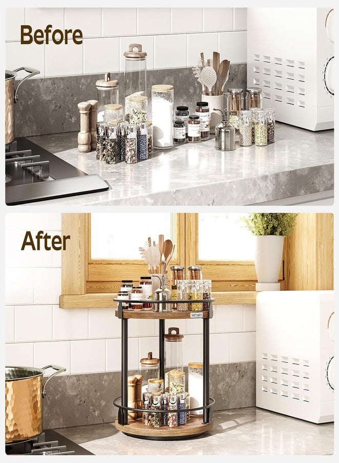 Rellon Spice Rack, 2 Tier Spice Turntable Organizer, Lazy Susan Organizer, Spice Holder, for Kitchen Countertop and Cabinet, Compact and Versatile, Rustic Brown - Image 2