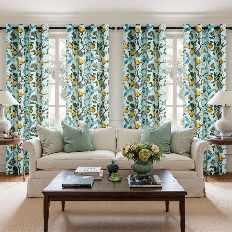 Topfinel Green Floral Curtains 84 Inches Long Vintage French Country Grommet Botanical Hummingbird Woodland Jungle Victorian Patterned Mint Green Lemon Drapes for Bedroom Dining Living Room - Image 4