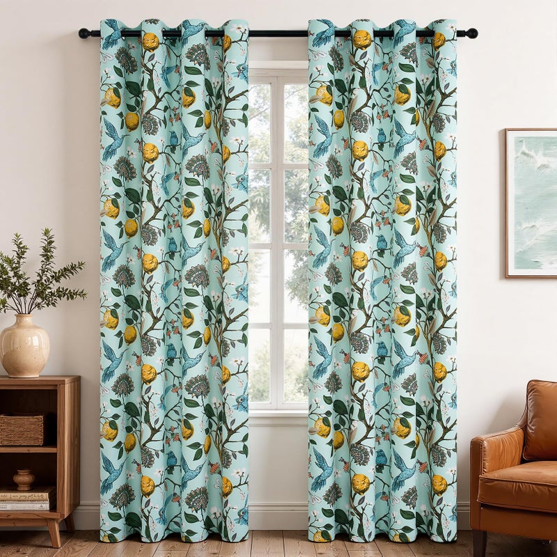 Topfinel Green Floral Curtains 84 Inches Long Vintage French Country Grommet Botanical Hummingbird Woodland Jungle Victorian Patterned Mint Green Lemon Drapes for Bedroom Dining Living Room - Image 1