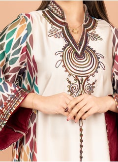 اكسا جلابية مطرزة عنق اسيوي IK1013 بيج  - Image 2