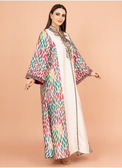 اكسا جلابية مطرزة عنق اسيوي IK1013 بيج  - Image 3