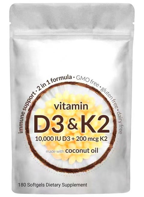 Vitamin D3 10000 iu Plus K2 MK 7 200 mcg 180 Virgin Coconut Oil Softgels  2 in 1 Vitamins D  K Complex  Supports Calcium Absorption Bone Immune Heart Health  Easy to Swallow