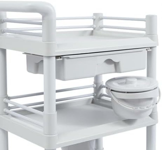 Mobile Medical Trolley Cart, 3-Tier Rolling Utility Cart with 2 Dirt Buckets and Drawer, Lockable Wheels for Hospital, Dental Clinic, Home - Image 3
