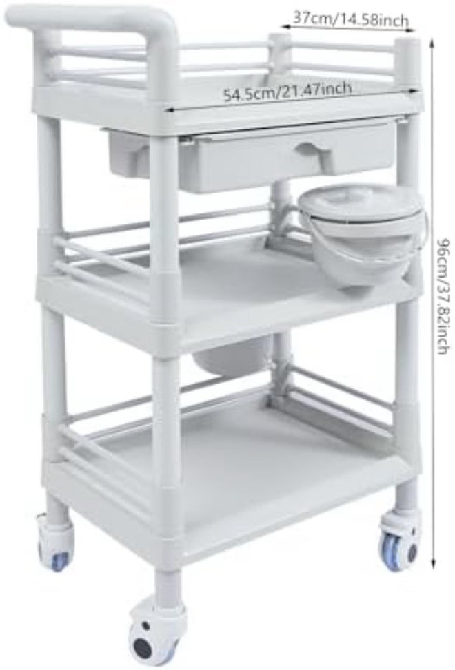 Mobile Medical Trolley Cart, 3-Tier Rolling Utility Cart with 2 Dirt Buckets and Drawer, Lockable Wheels for Hospital, Dental Clinic, Home - Image 2