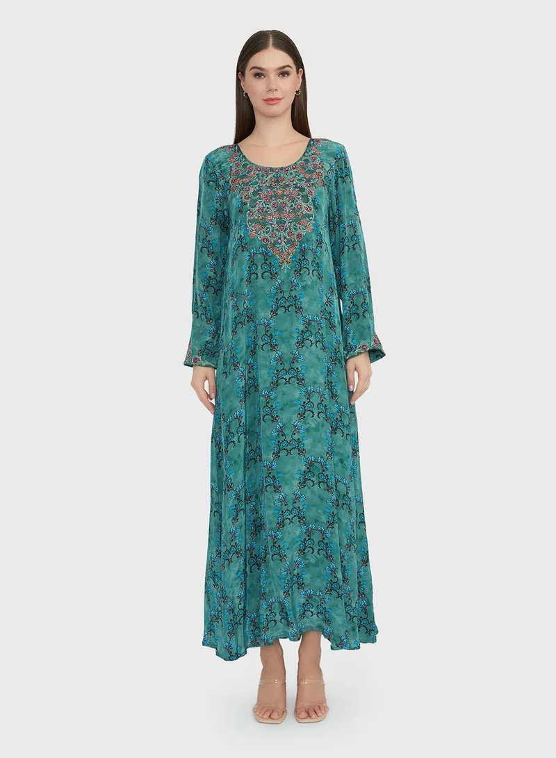 KASHKHA Sage Green Viscose Crepe Floral Print Jalabiya (VDP236)