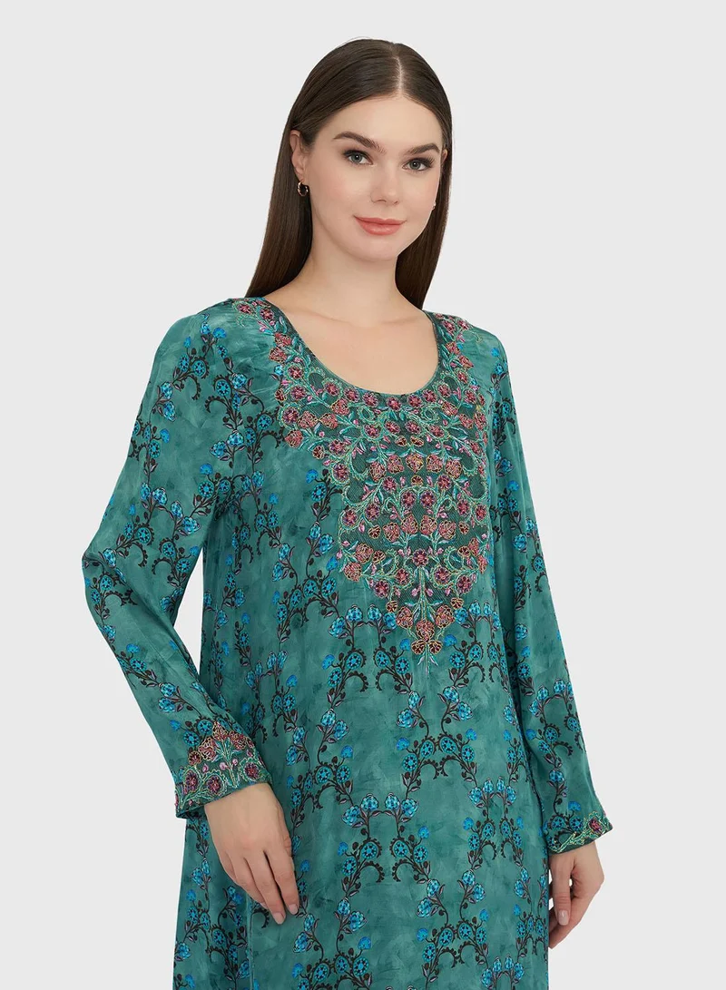 KASHKHA Sage Green Viscose Crepe Floral Print Jalabiya (VDP236)