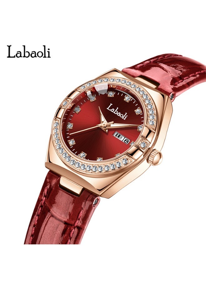 Labaoli Red Dial Women's Watch, Rose Gold with Crystal Accents - Luxury Elegant Timepiece & Fashion Statement