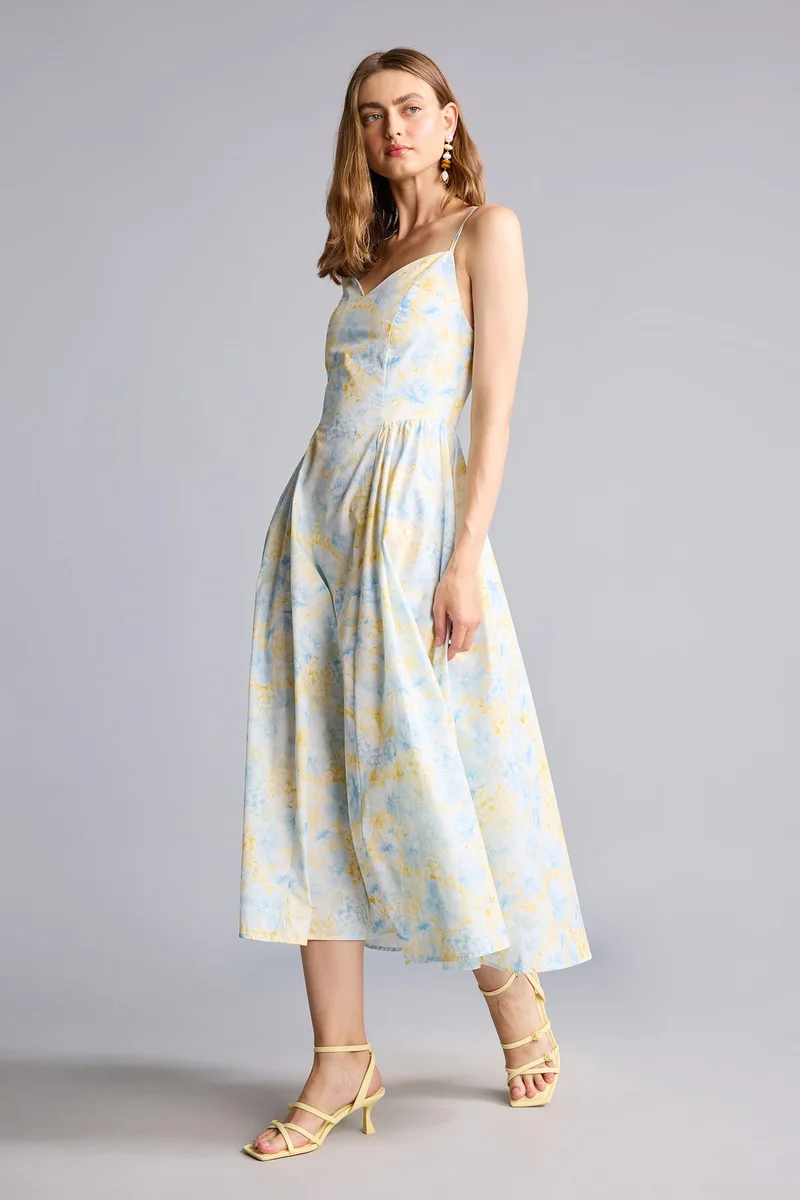 ديفاكتو 100% Cotton Floral Poplin Strappy Midi Dress
