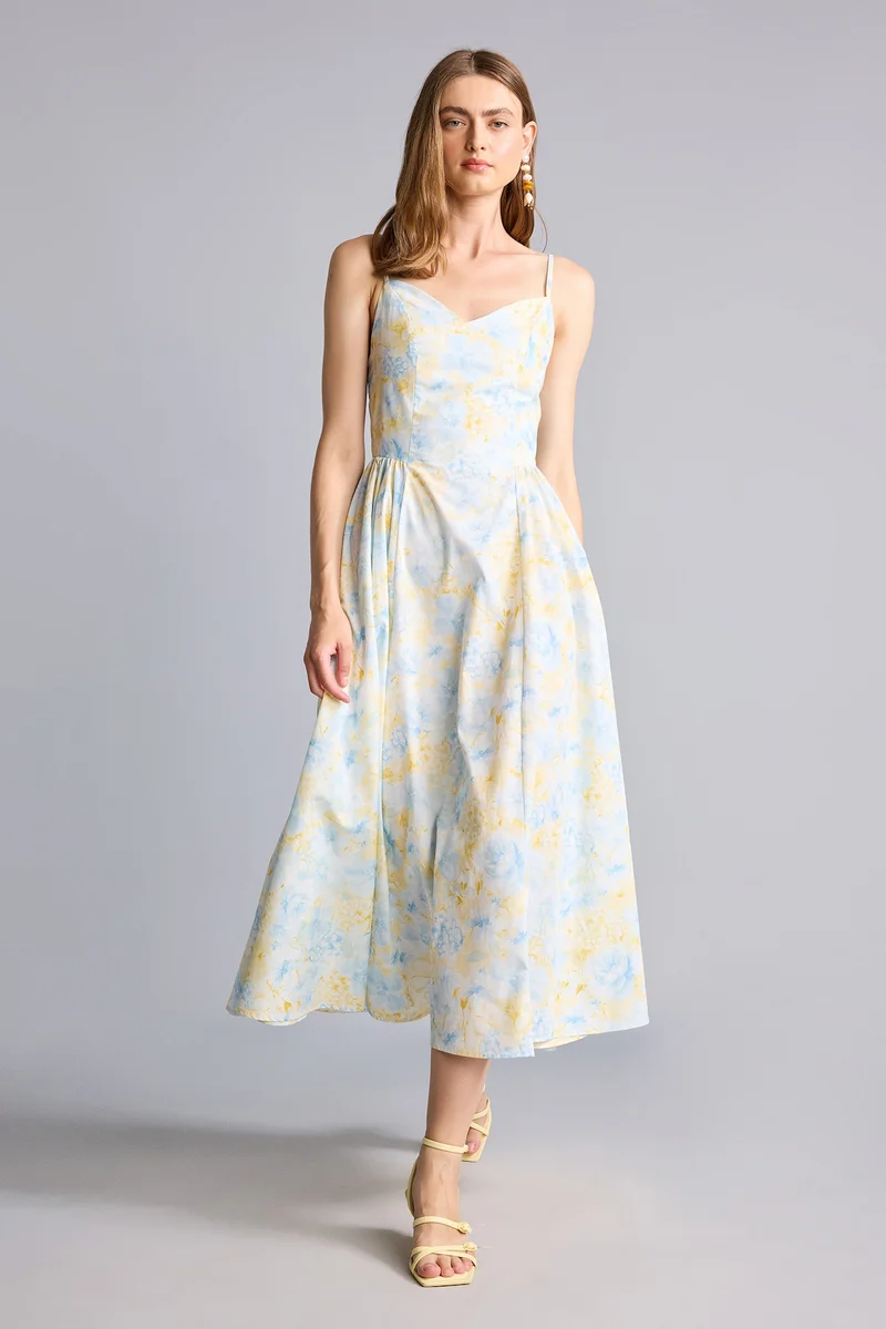 ديفاكتو 100% Cotton Floral Poplin Strappy Midi Dress
