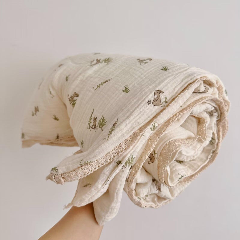 BuLuTu Cartoon Bunny Gauze Toddler Quilt Kids Blankets for Girls Boys, Soft Breathable Cotton Muslin Kids Comforter Quilted Blanket with Cute Rabbit Pattern, 47"x59", No Pillow - Image 4