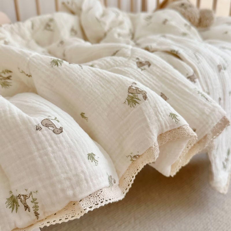 BuLuTu Cartoon Bunny Gauze Toddler Quilt Kids Blankets for Girls Boys, Soft Breathable Cotton Muslin Kids Comforter Quilted Blanket with Cute Rabbit Pattern, 47"x59", No Pillow - Image 5