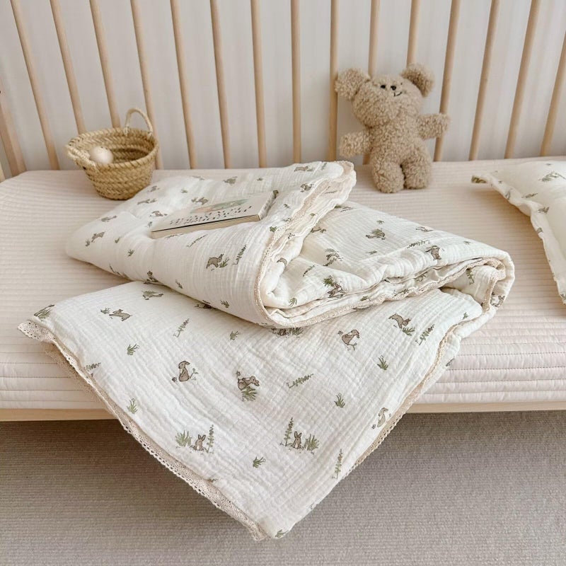 BuLuTu Cartoon Bunny Gauze Toddler Quilt Kids Blankets for Girls Boys, Soft Breathable Cotton Muslin Kids Comforter Quilted Blanket with Cute Rabbit Pattern, 47"x59", No Pillow - Image 3
