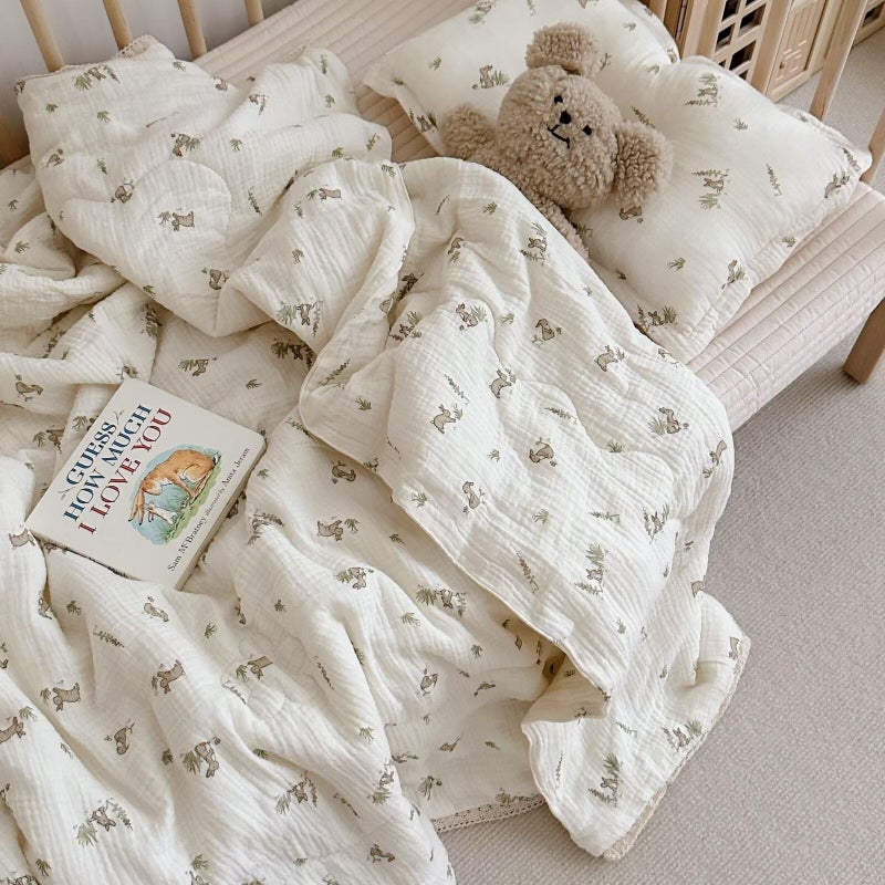 BuLuTu Cartoon Bunny Gauze Toddler Quilt Kids Blankets for Girls Boys, Soft Breathable Cotton Muslin Kids Comforter Quilted Blanket with Cute Rabbit Pattern, 47"x59", No Pillow - Image 1