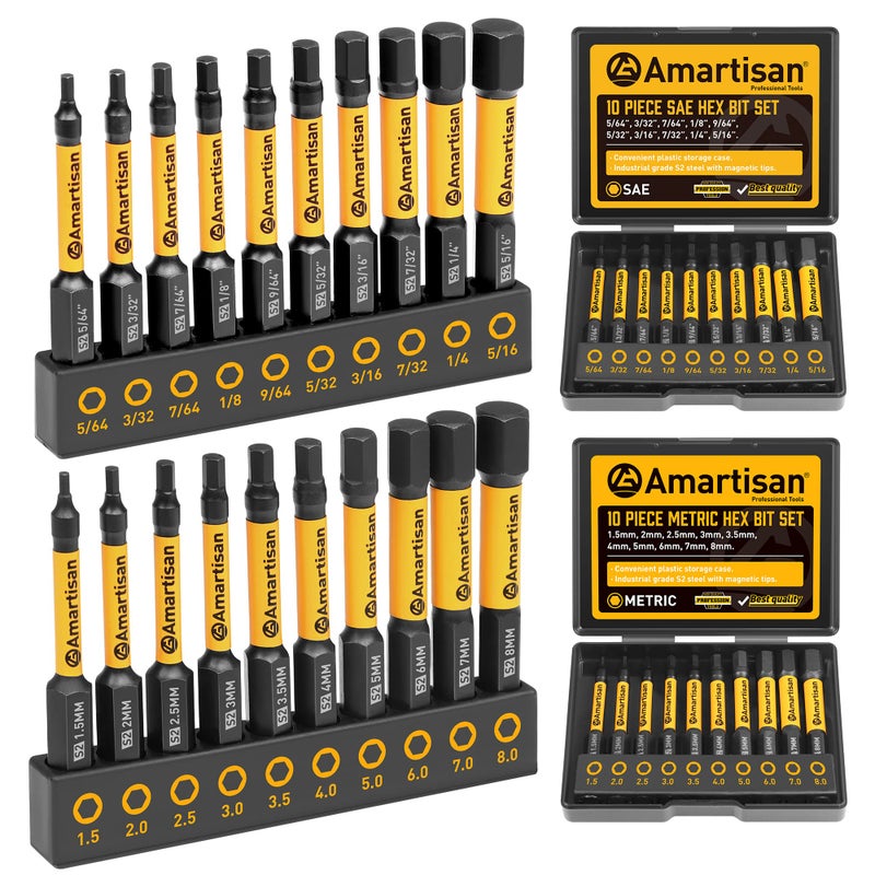 Amartisan 20-Piece Hex Head Allen Wrench Drill Bit Set, Metric and SAE S2 Steel Hex Bits Set, Magnetic Tips, 2.3" Long With Storage box. (20-Piece Hex Bit Set - NEW) - Image 1