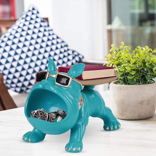 SkyKey Home Decor Bulldog Storage Butler Sculpture Showpiece for Living Room Tray and Bowl Decorative Statue for Gift, Home, Bedroom, Office Desk Storage for Keys, Jewellery, and Trinkets, Aquamarine - Image 1