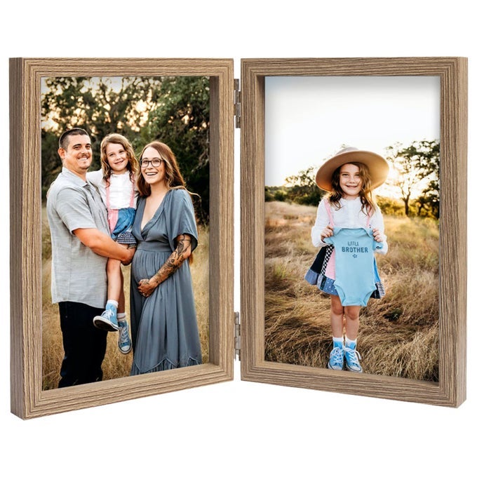Double 4x6 Picture Frame Hinged Folding Photo Frame with Glass Front Vertical Frame on Desktop Wood Grain