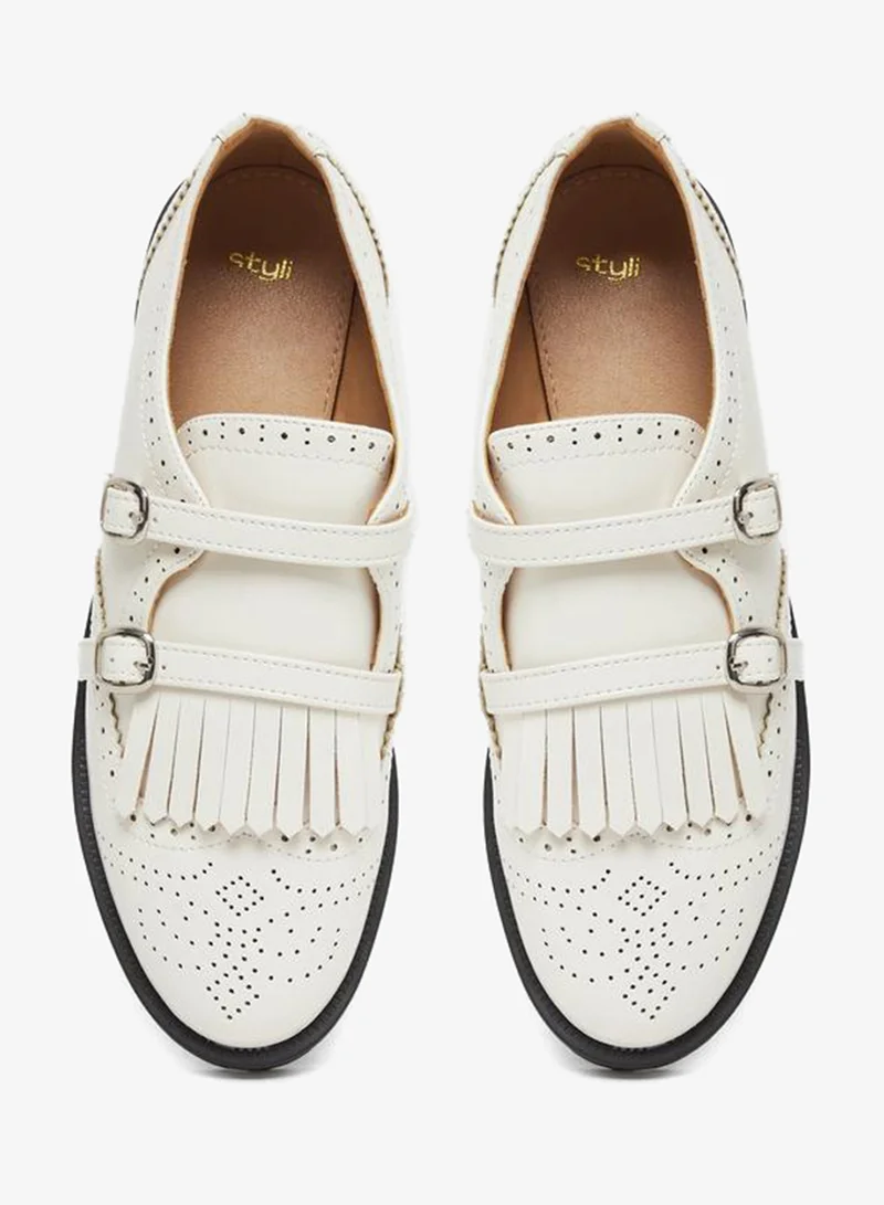 Styli  Casual Ruffle Detail Slip On Shoes with Double Buckle for Women | Best Price UAE