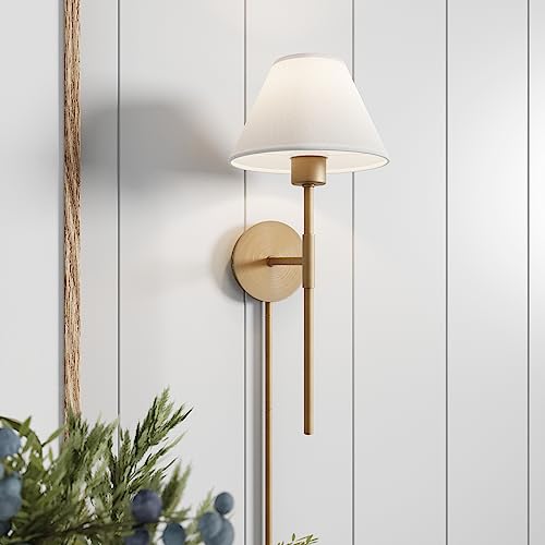 Nathan James Millie Plug-in Wall Sconce, Wall Mounted Bedside Reading Lamp with Cotton Shade and Brass Back Plate - Image 1