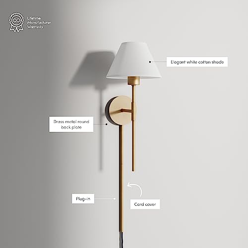 Nathan James Millie Plug-in Wall Sconce, Wall Mounted Bedside Reading Lamp with Cotton Shade and Brass Back Plate - Image 4