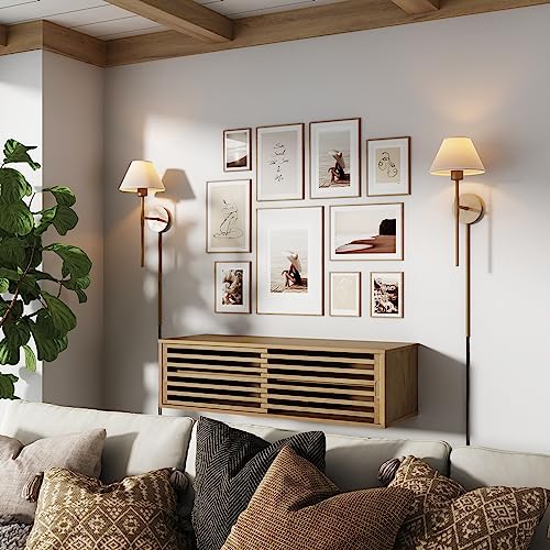 Nathan James Millie Plug-in Wall Sconce, Wall Mounted Bedside Reading Lamp with Cotton Shade and Brass Back Plate - Image 2