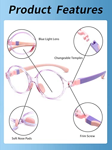 JM Kids Blue Light Glasses, Computer Gaming Grasses for Girls Boys Age 3-10, Anti Blue Ray TR90 Eyeglasses Pink Round Style - Image 3
